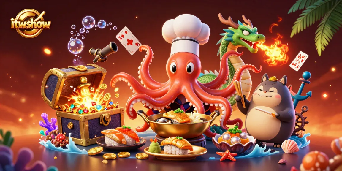 itwshow showcases vibrant 3D casino elements with a sushi chef octopus, dragon, and tanuki in action.