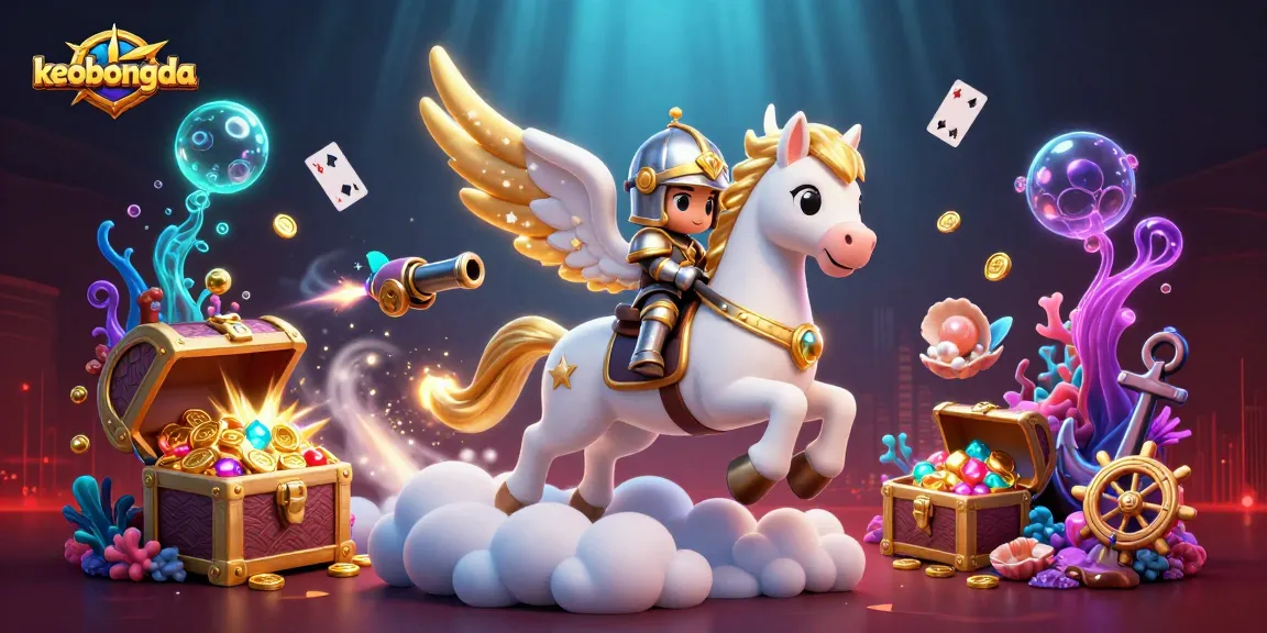 Engage with keobongda's immersive 3D casino scene featuring a celestial horse and knight exploring a treasure-filled underwater realm.