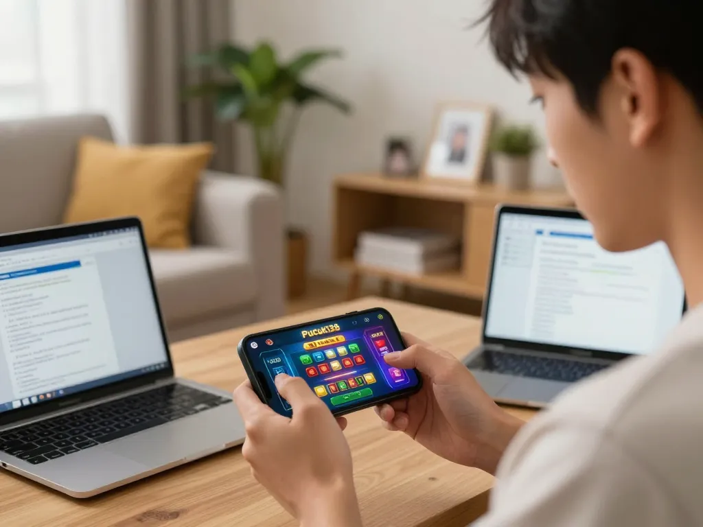 Pucuk138 player engaging with mobile casino app in a cozy home setting, showcasing responsible gaming.