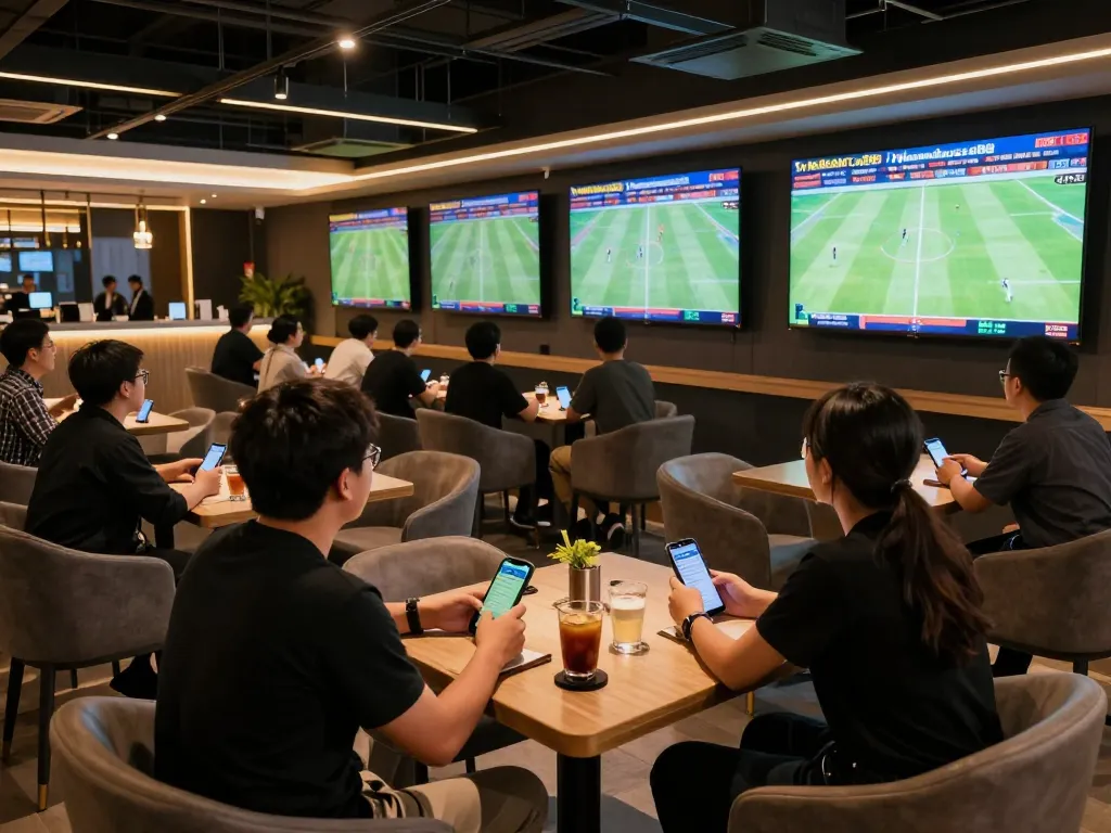Excited sports fans analyzing games and placing bets at tylekeonhacai88's modern betting lounge