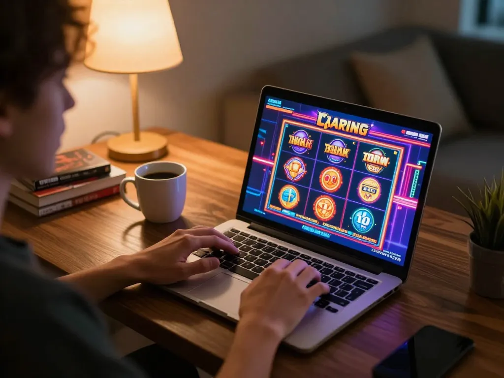 Person playing online casino games on laptop, showcasing engaging ee88 platform experience