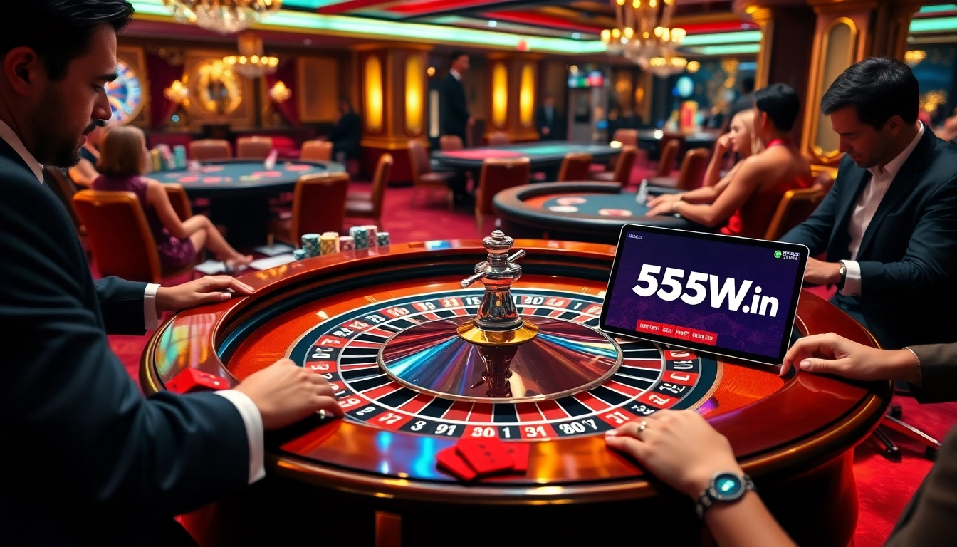 Exciting casino scene with players at a roulette table, showcasing https://555w.in/ and vibrant gaming action.