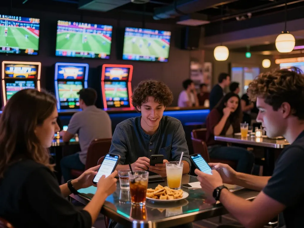 Engaged fans placing bets at tylecacuoc during a live sports event in a vibrant bar atmosphere
