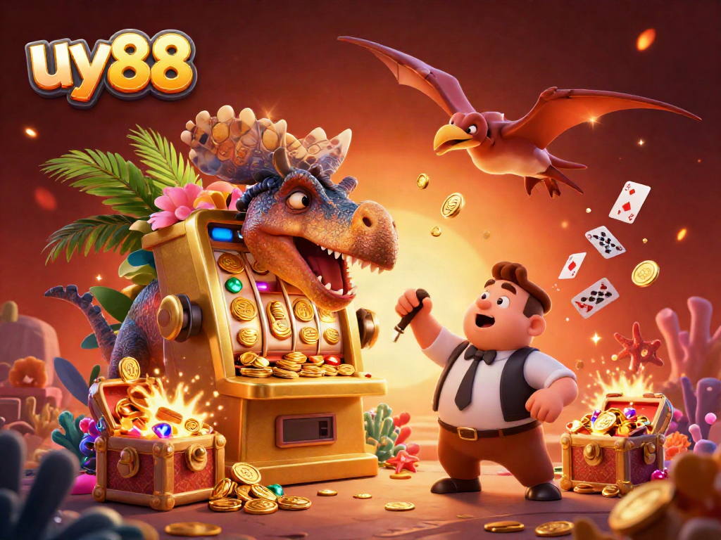 Experience the thrill of uy88 as a dinosaur hits a jackpot slot machine, surrounded by vibrant casino elements.