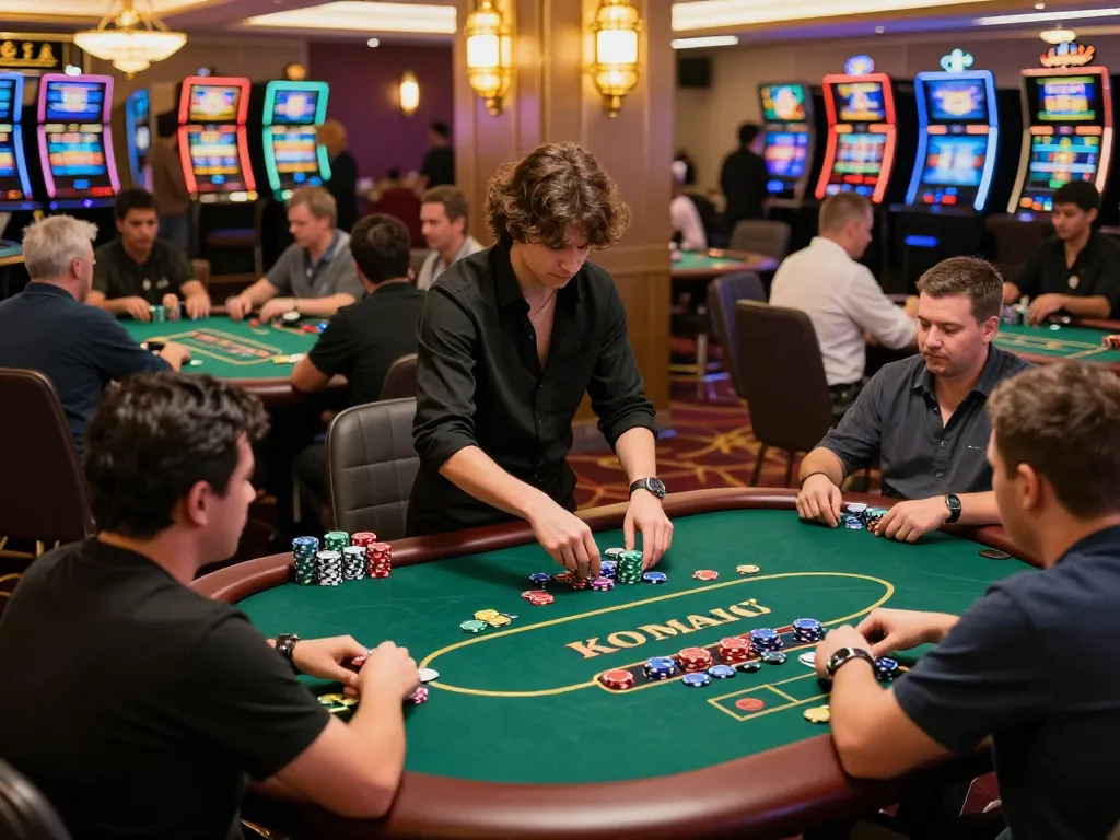 Players enjoying keonhacai at an upscale casino, with vibrant poker tables and lively atmosphere.