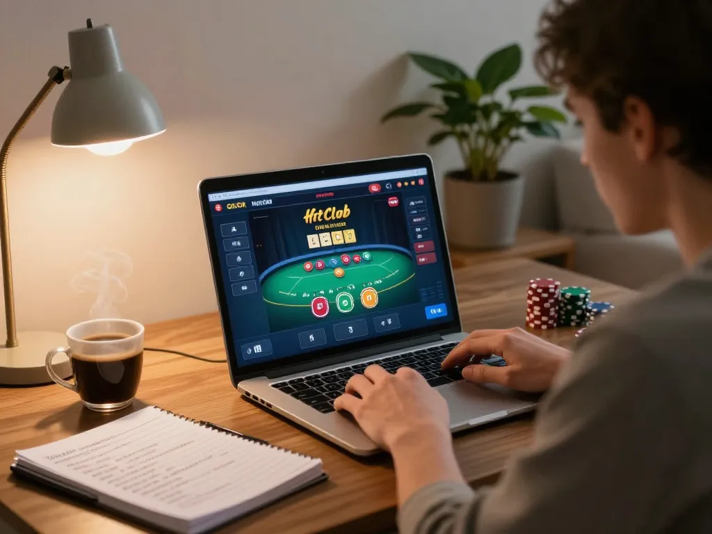 Player strategizing for hitclub poker game online in a cozy home setting