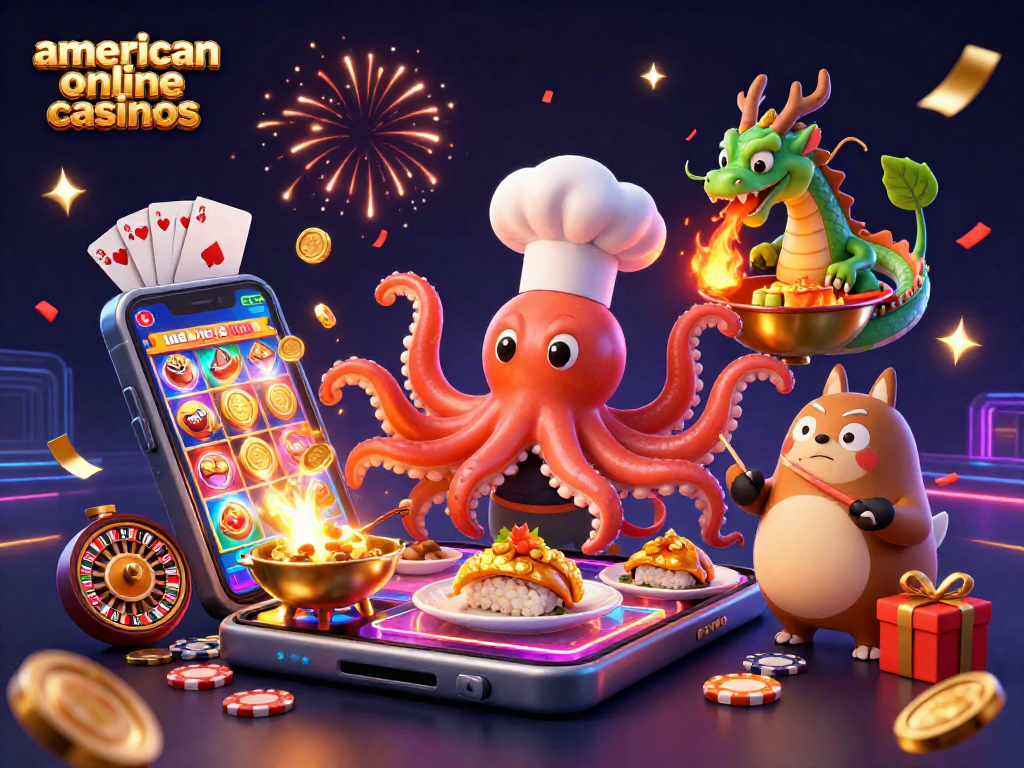 Engage with the thrill of american online casinos featuring a rich scene of animated characters, games, and celebration.