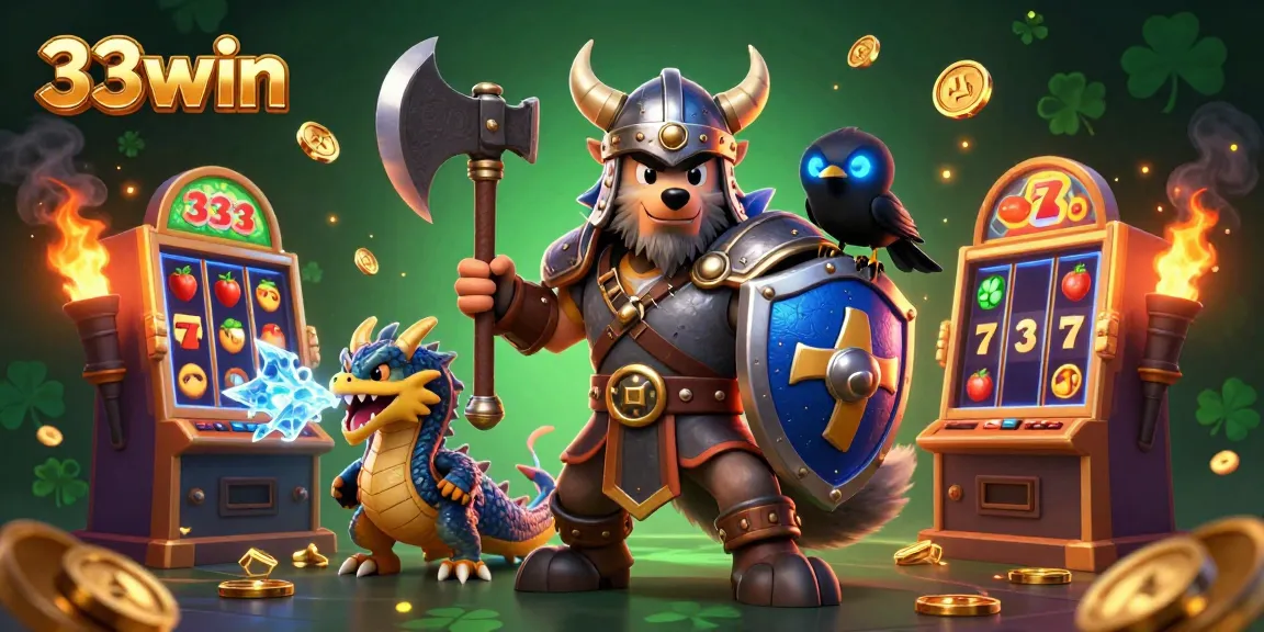 Experience thrilling gaming at 33win with heroic Viking wolf, dragon, and rich slot elements.