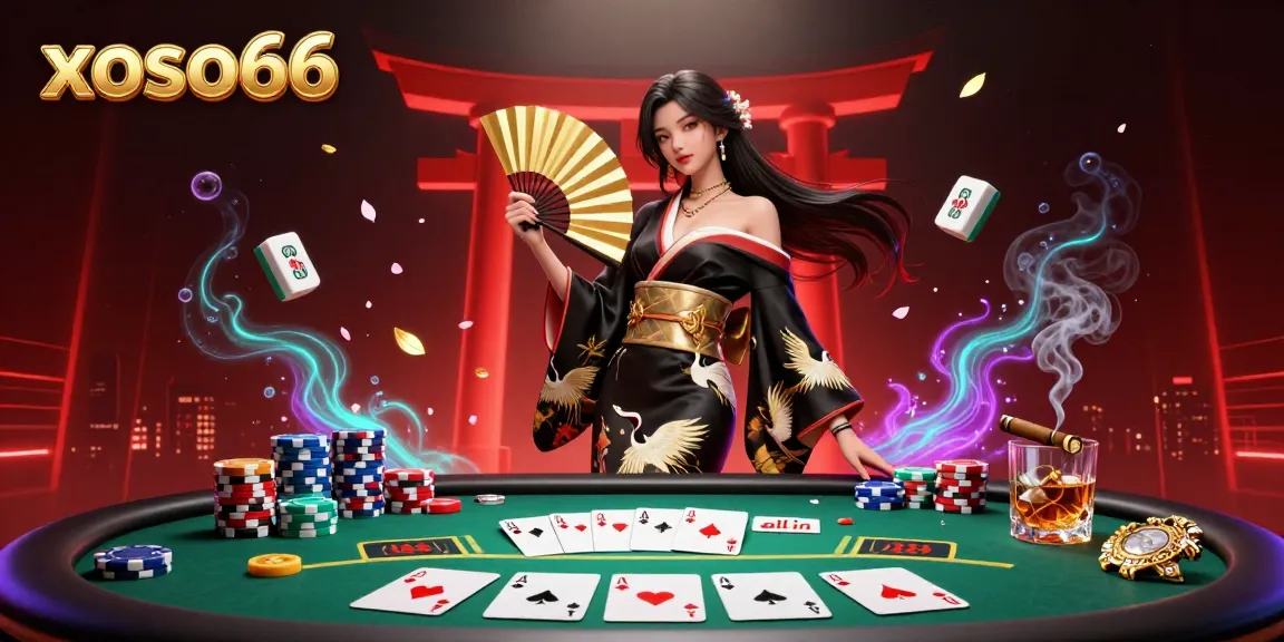 Experience thrilling gaming with xoso66, featuring a vibrant poker scene and elegant traditional elements.