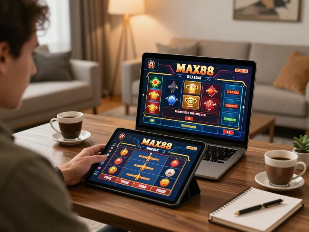 Engaged in online gaming at home with MAX88 app, showcasing a strategic and enjoyable gambling experience.