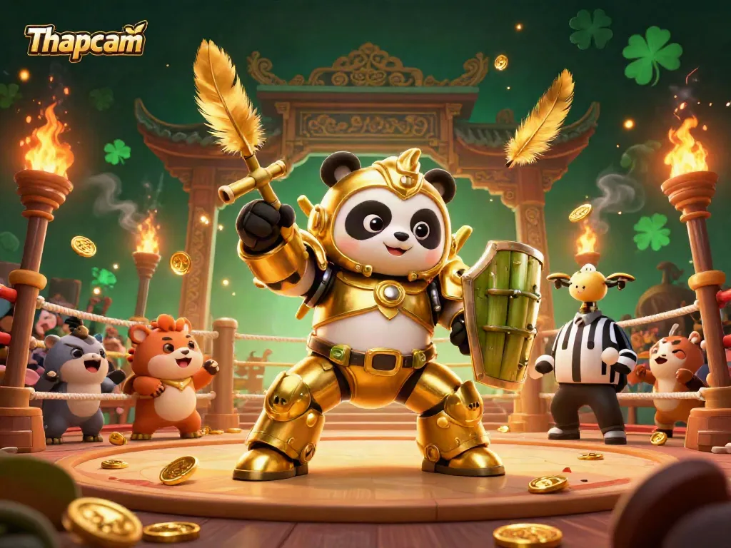Thapcam inspires a thrilling gambling atmosphere with a panda in mech-suit amidst vibrant casino action.