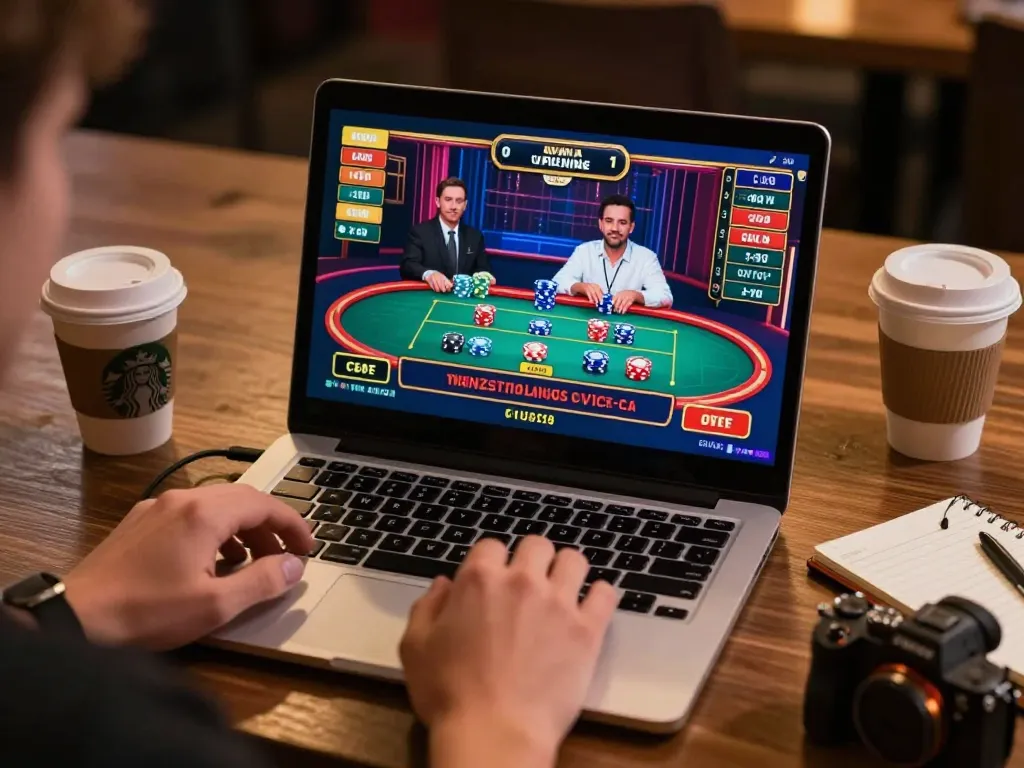 Kuwin player engaging with live casino action on laptop, showcasing vibrant gameplay experience