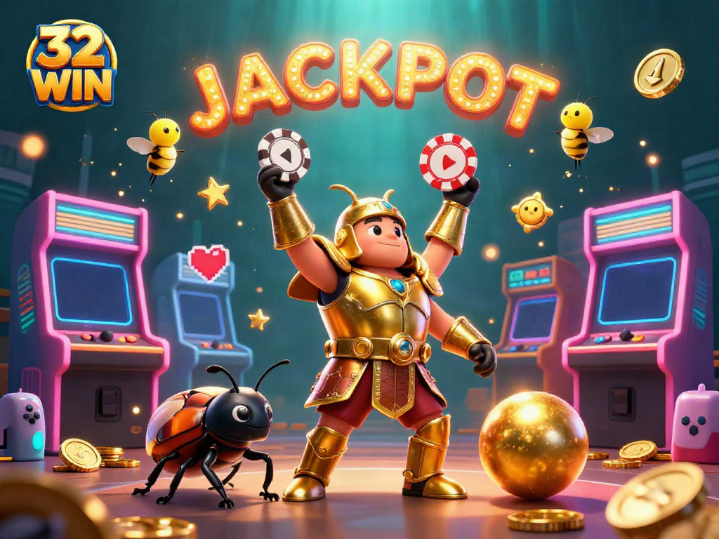 Experience the excitement of 32 WIN with vibrant characters and dynamic casino elements in this rich illustration.