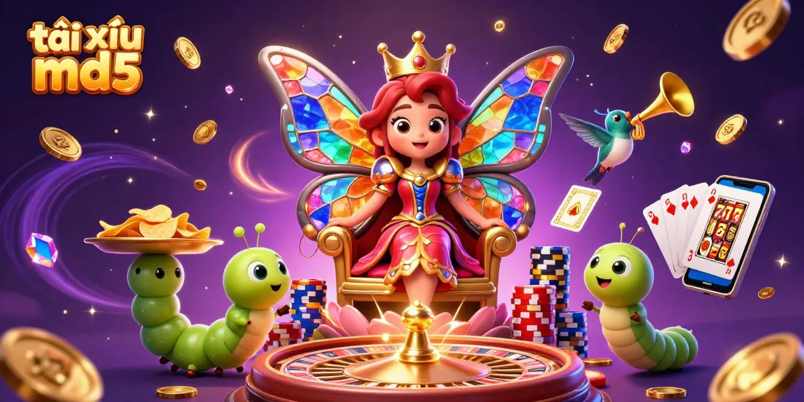 Engaging in thrilling tài xỉu md5 action, a vibrant scene showcasing a butterfly queen and casino elements.