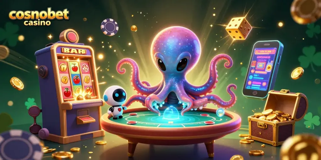 Experience the thrilling joy of cosmobet casino with an alien octopus at a holographic poker table amidst a jackpot explosion.