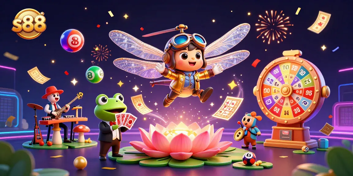 Win exciting prizes with s88, a 3D illustration of a lively casino atmosphere filled with fun elements.
