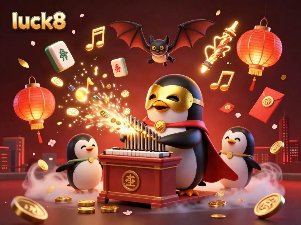 Engage with luck8's electrifying casino scene featuring a whimsical penguin and dynamic characters.