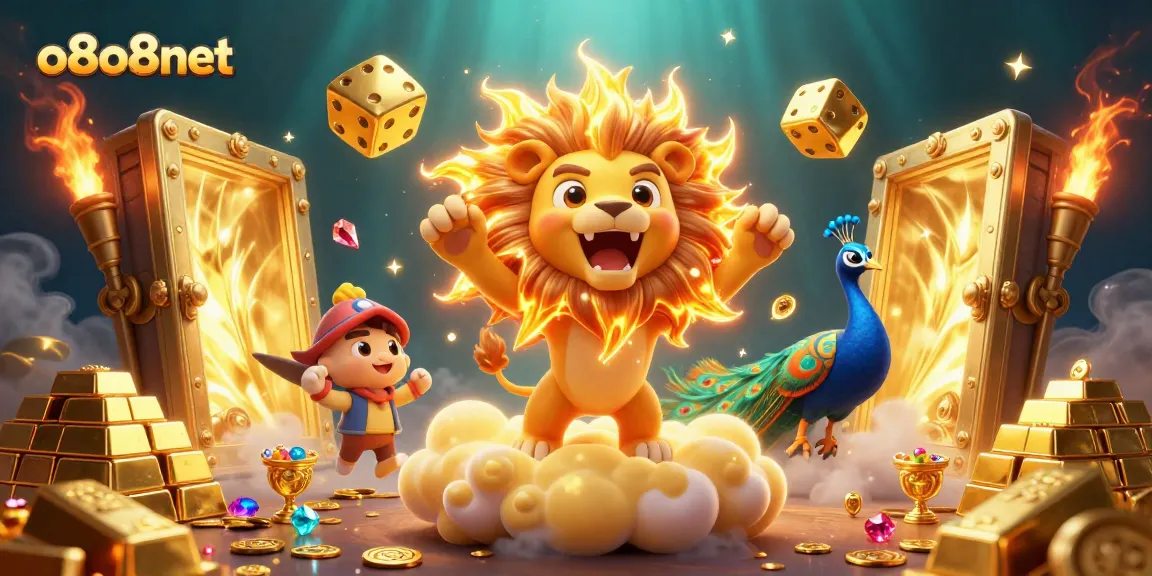 Experience thrilling gameplay with o8o8net's stunning 3D casino themed scene featuring golden treasures and a roaring lion.