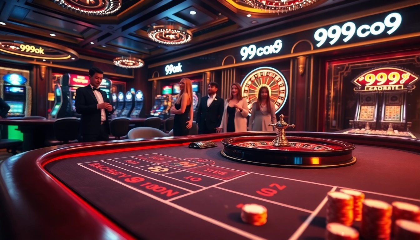 Players engage excitedly at a baccarat table in a luxurious casino setting, showcasing 99ok gaming excellence.