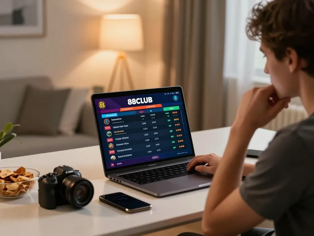 Betting on 88CLUB while engaging with live sports events in a cozy home office setup.