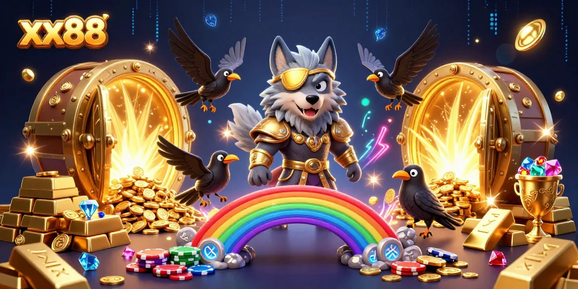 Experience excitement at xx88 with a dynamic 3D illustration of Odin and ravens amidst casino elements.