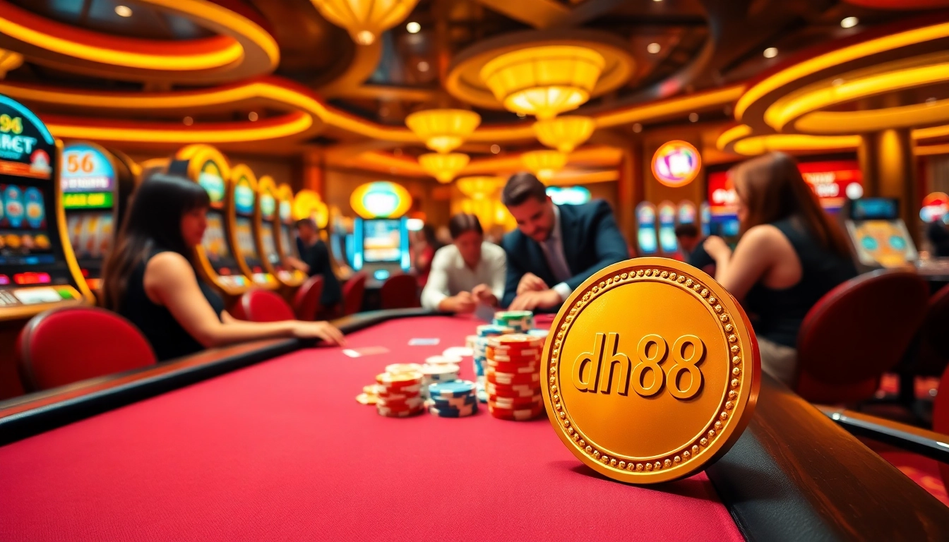 Players enjoying a thrilling poker game with dh88 branded chips in a luxurious casino setting.