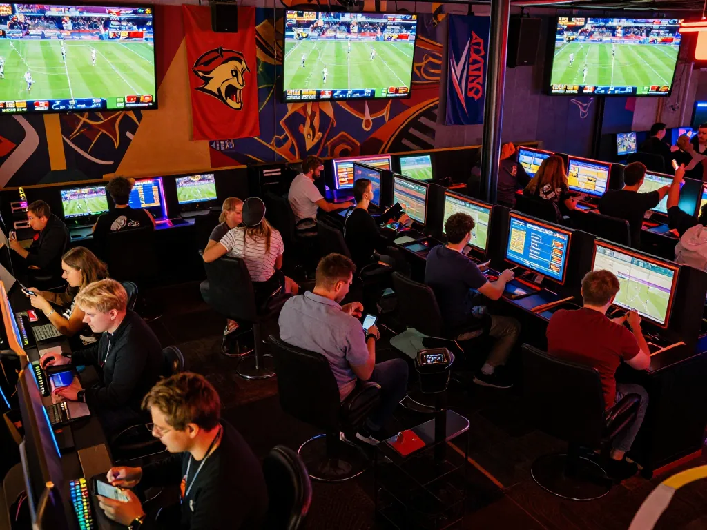 Bet enthusiasts engage in live sports betting at fly88mx, with dynamic screens showcasing odds and events.