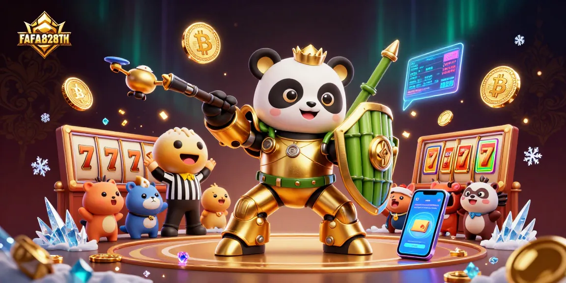 Engage with FAFA828TH through a vibrant 3D casino world featuring slot reels and crypto elements.