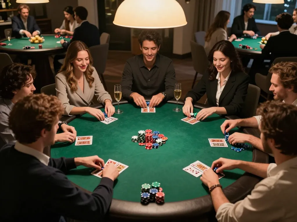 Okwintv evokes camaraderie while friends engage in a lively home poker night.