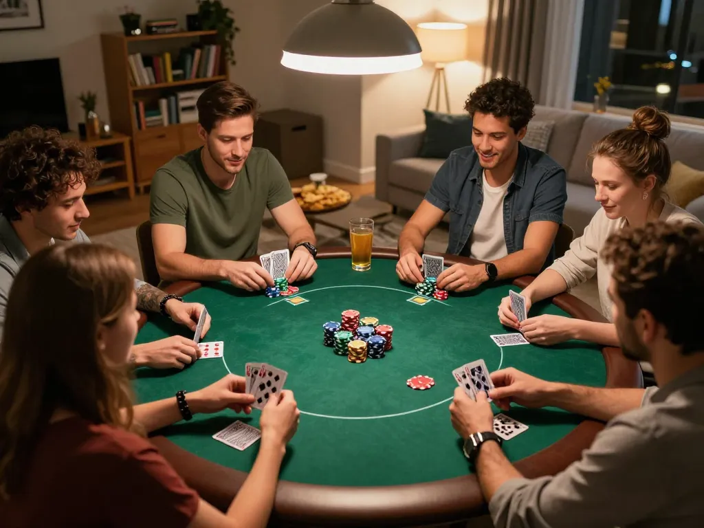 Bet789 players enjoy an exciting home poker night with chips and cards in warm atmosphere.