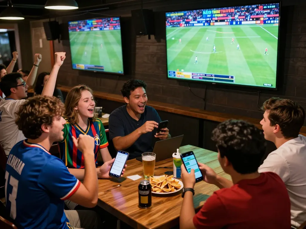KÈO TRỰC TUYẾN sports betting excitement in a lively sports bar atmosphere with fans engaging