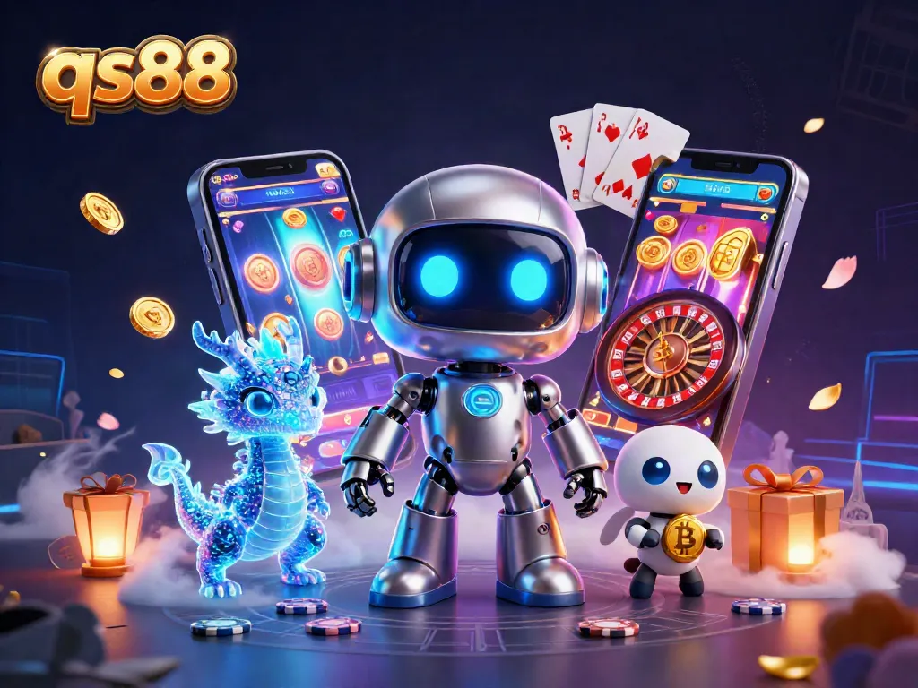 Spin the reels at qs88 with this vibrant AI-powered casino scene full of lively game elements.