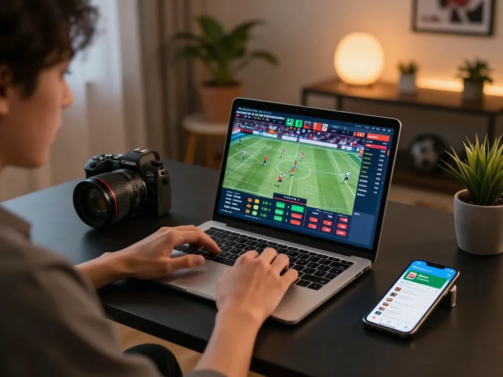 Engaging in live sports betting at home using GO8 platform with laptop and smartphone setup