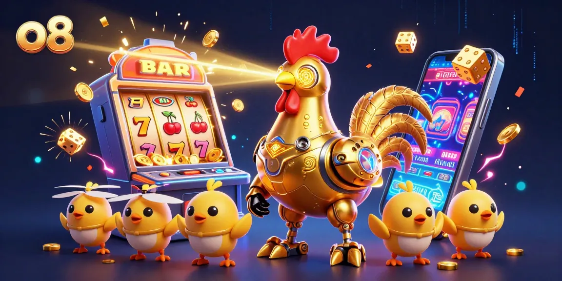 Experience the excitement at o8 with a dynamic 3D illustration of a golden rooster shooting lasers amidst a casino jackpot.