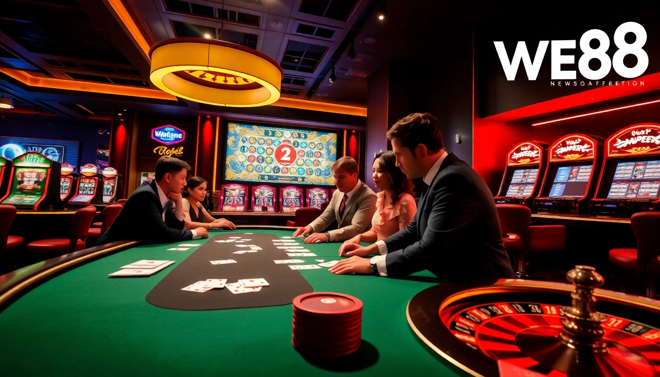 Players at a poker table enjoying a game at WE88 Casino, showcasing excitement and luxury.