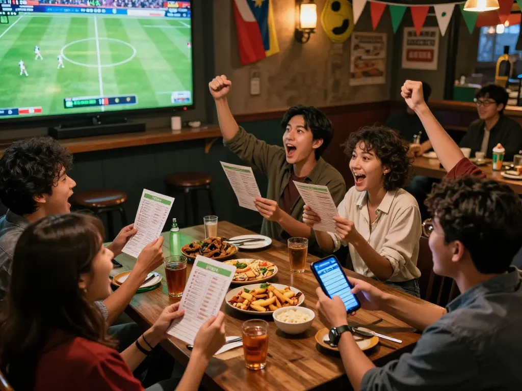 Friends actively engaging in sports betting while discussing tỷ lệ kèo nhà cái, with mobile devices and betting slips in view.