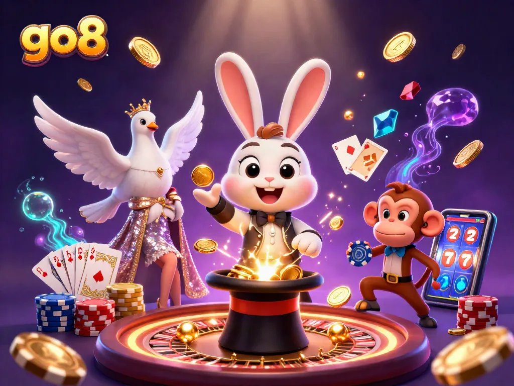 Experience thrilling adventures with go8 in a vibrant casino scene featuring magical characters and gaming elements.