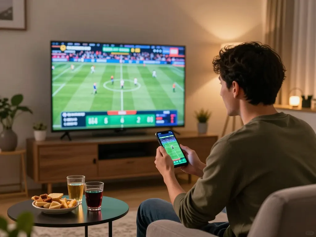 Engaging in sports betting on smartphone while watching live sports, keonhacai for real-time updates.