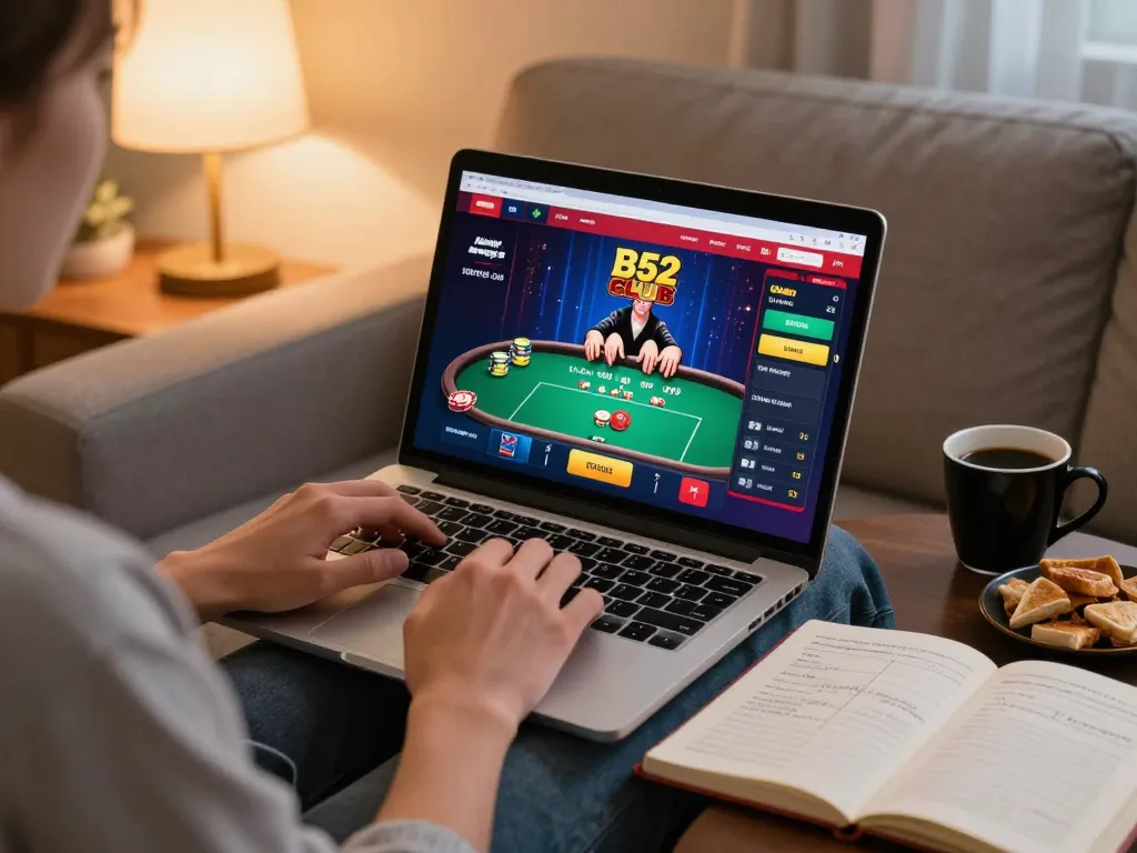 B52 Club user actively engaging in poker gameplay on home laptop, showcasing strategy and passion for online gambling.
