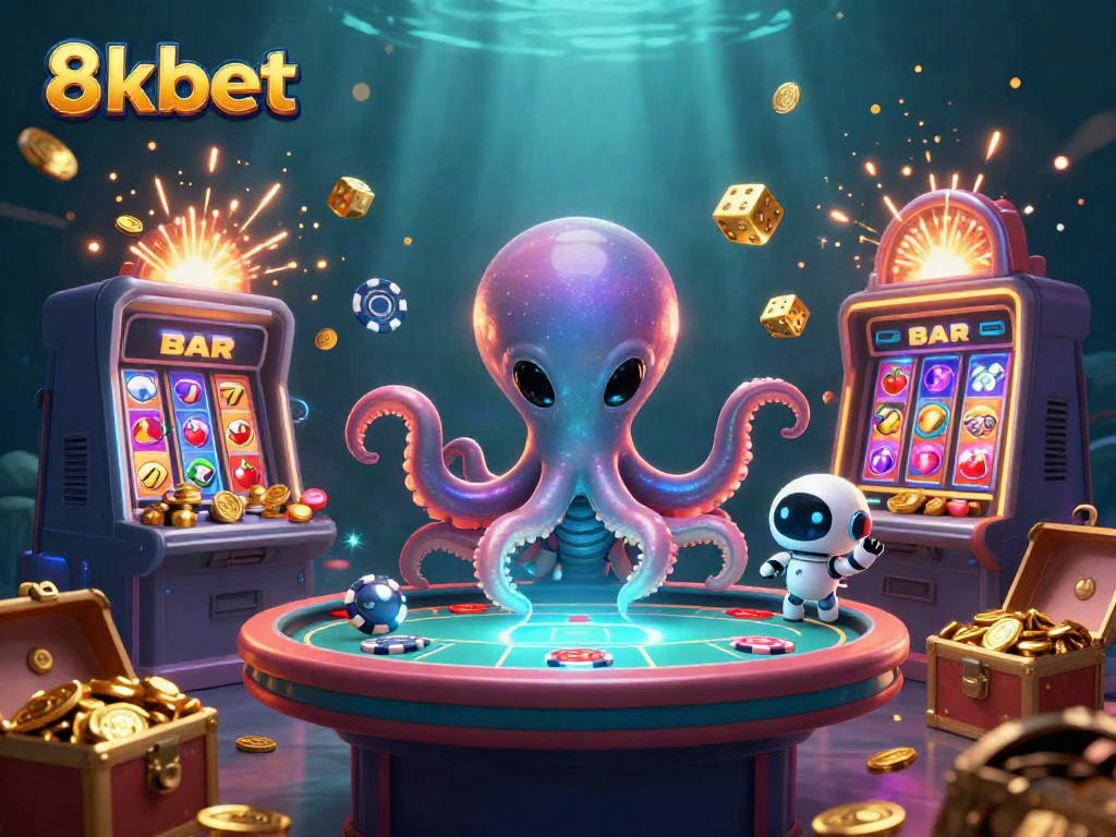 Immerse in 8kbet's dynamic gaming with a colorful carnival scene of an alien octopus and exciting casino action.