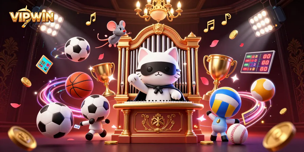 Engage with VIPWIN's thrilling online casino atmosphere featuring dynamic sports balls and acrobatic characters.