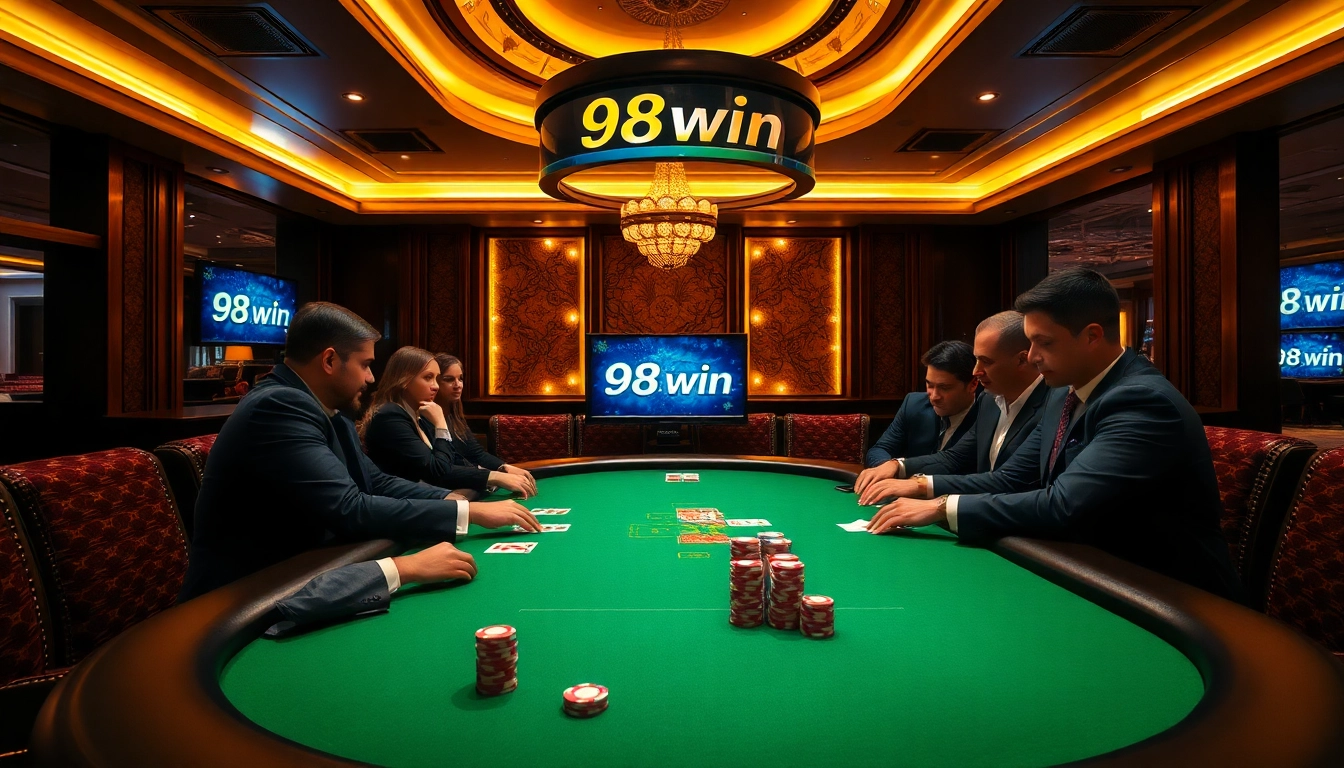 Exciting gameplay at the poker table with 98win đăng nhập showcased in a vibrant casino atmosphere.