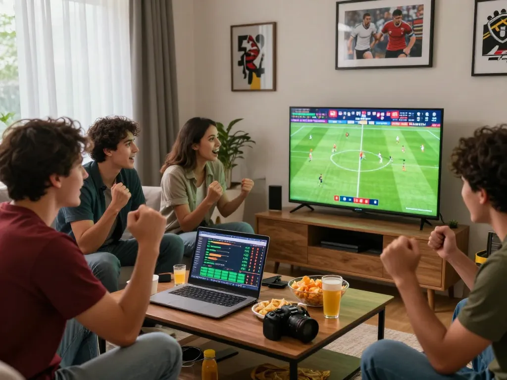 Group of friends enjoying kèo bóng đá betting during live football match in cozy living room.