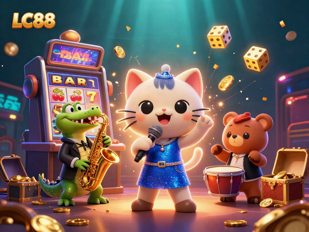 Engage with LC88's vibrant casino scene featuring a singing cat, saxophone croc, and drum bear amidst jackpot excitement.