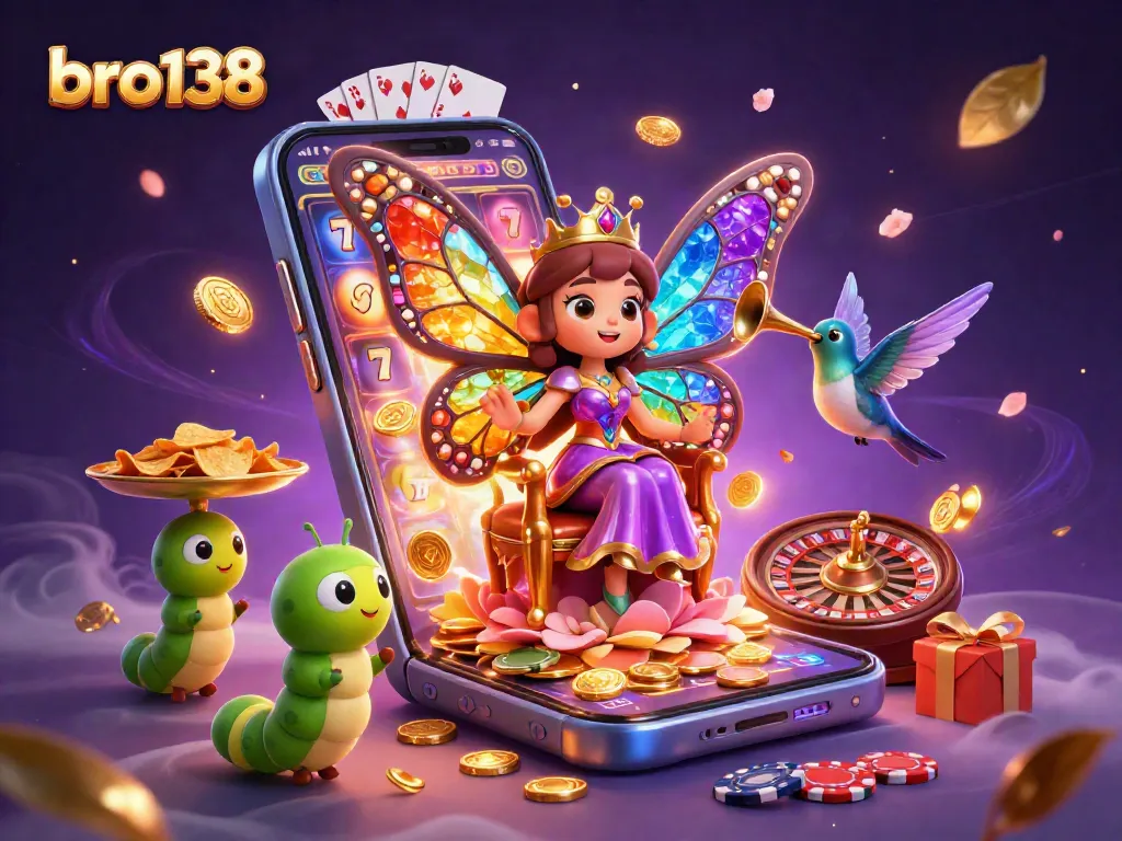 Spin winning slots with bro138's vibrant 3D casino illustration, showcasing vibrant characters and game elements.
