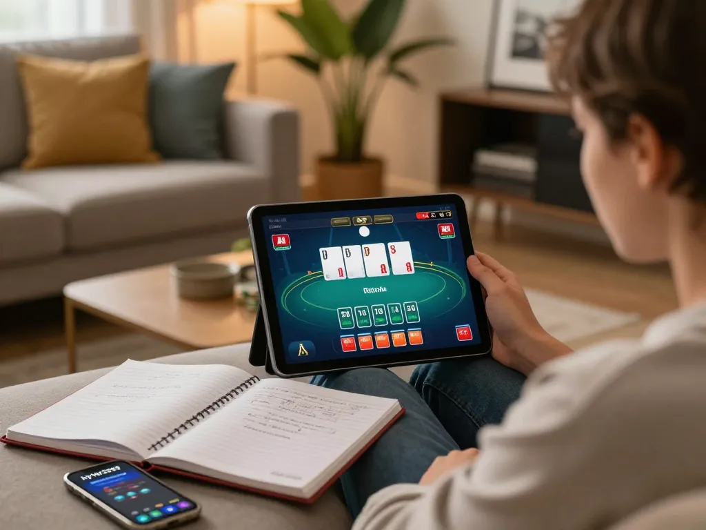 Gambler engaging in a live dealer poker game on the hytw3339 app while enjoying a cozy home setting
