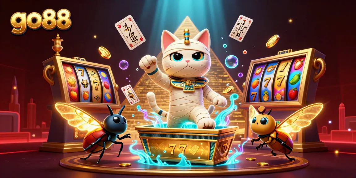 Experience thrilling gameplay with go88 in a vivid pyramid casino scene featuring a mummy and treasures.