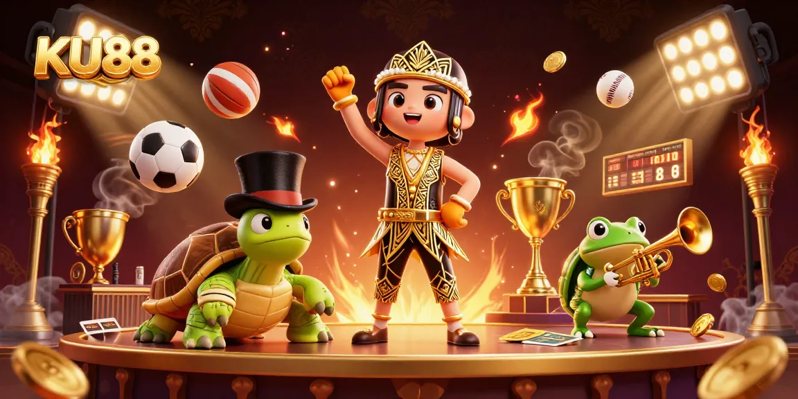 Experience thrilling wins at KU88 with vibrant characters and rich gaming elements in this dynamic casino illustration.
