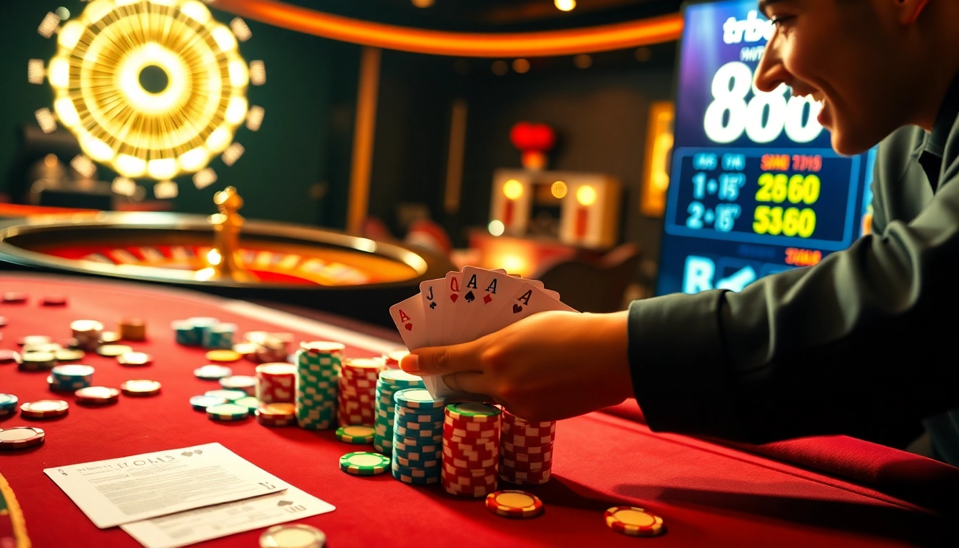 Players strategizing at a glamorous casino table showcasing tr88 poker chips and cards.