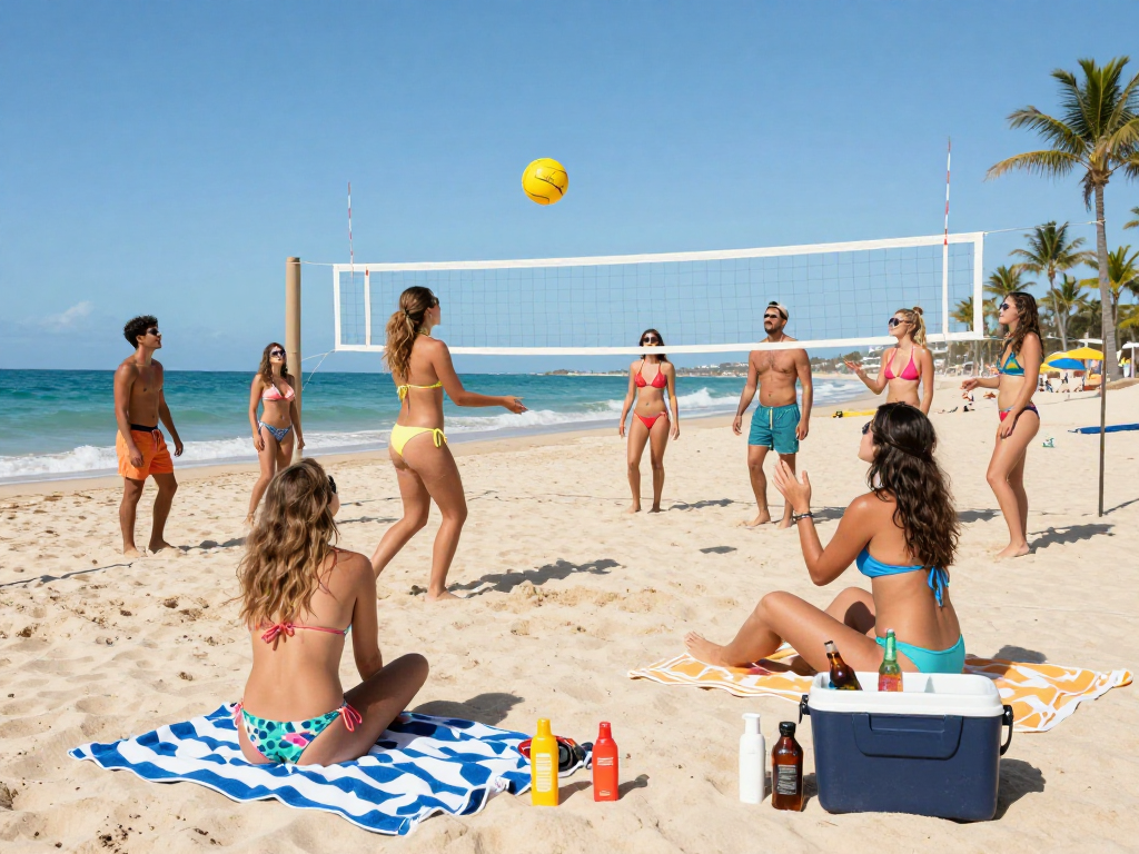 Friends enjoying a vibrant beach day in colorful BIKINISLOT, playing volleyball and relaxing.